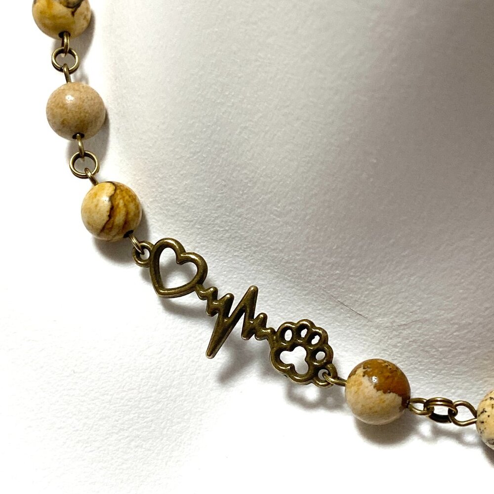 Genuine Yellow Picture Jasper Short Necklace + Bronze Paw Print Heart Beat Charm